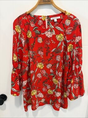 Counterparts Red Floral Tunic with Yellow & Pink Blooms size XL